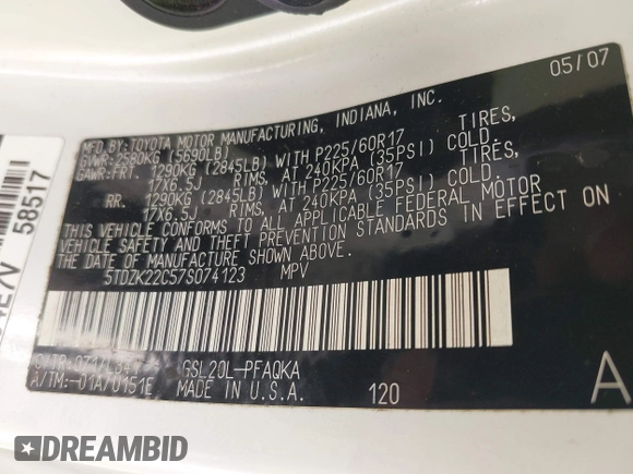2007 Toyota Sienna XLE with VIN 5TDZK22C57S074123, listed as a IAAI auction lot 42128064 with 184,183 mi miles and . Bid and sale history available at DreamBid. Image 9.