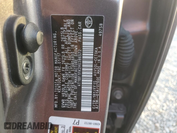 2017 Toyota Camry XLE z VIN 4T1BF1FK2HU386572, wystawiony jako Copart lot #60453915 z przebiegiem 120 340 mil mil oraz Szkoda całkowita • Salvage title. Historia ofert i sprzedaży dostępna na DreamBid. Obrazek 12.