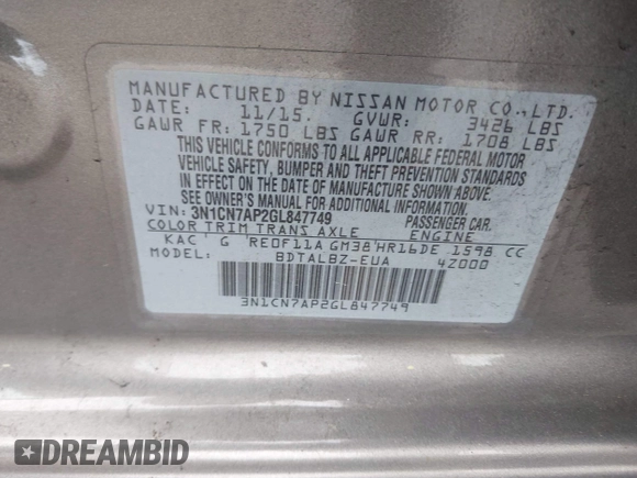 2016 Nissan Versa S with VIN 3N1CN7AP2GL847749, listed as a IAAI auction lot 42511419 with 111,628 mi miles and . Bid and sale history available at DreamBid. Image 9.