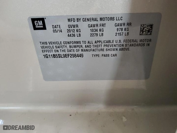 2014 Chevrolet Malibu LS with VIN 1G11B5SL9EF298449, listed as a Copart auction lot 48855875 with 0 mi miles and Clean Title. Bid and sale history available at carsss.com. Image 12.