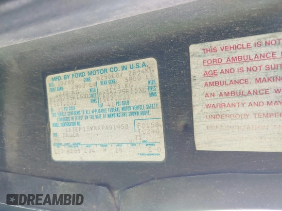 1989 Ford F-150 z VIN 1FTEF15YXKPA91958, wystawiony jako IAAI lot #42390477 z przebiegiem 21 554 mil mil oraz . Historia ofert i sprzedaży dostępna na DreamBid. Obrazek 9.