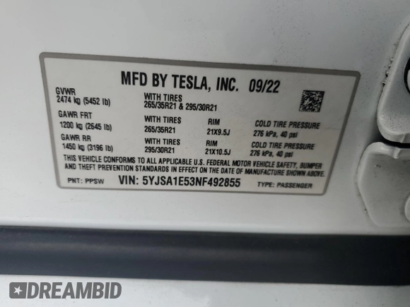 2022 Tesla Model S with VIN 5YJSA1E53NF492855, listed as a Copart auction lot 54545185 with 62,856 mi miles and Salvage title. Bid and sale history available at DreamBid. Image 13.