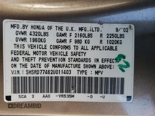 2002 Honda CR-V LX with VIN SHSRD77462U011403, listed as a Copart auction lot 88243855 with 200,535 mi miles and Non Repairable. Bid and sale history available at carsss.com. Image 14.
