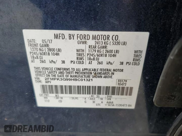 2017 Ford Edge SE with VIN 2FMPK3G99HBC01321, listed as a Copart auction lot 60413185 with 95,700 mi miles and Salvage title. Bid and sale history available at DreamBid. Image 13.