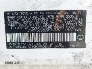 2011 Lexus IS 250 with VIN JTHCF5C26B2035296, listed as a IAAI auction lot 42469561 with 180,609 mi miles and . Bid and sale history available at DreamBid. Image 9.
