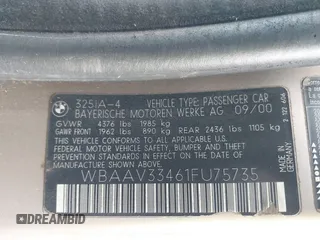 2001 BMW 3 Series 325i z VIN WBAAV33461FU75735, wystawiony jako IAAI lot #42233948 z przebiegiem 158 903 mil mil oraz . Historia ofert i sprzedaży dostępna na DreamBid. Obrazek 9.