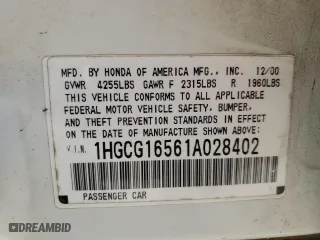 2001 Honda Accord Sdn EX w/Leather with VIN 1HGCG16561A028402, listed as a Copart auction lot 52537895 with 232,913 mi miles and Salvage Title. Bid and sale history available at carsss.com. Image 14.