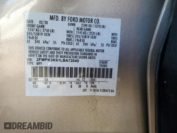 2020 Ford Edge Titanium with VIN 2FMPK3K91LBA72040, listed as a Copart auction lot 53977085 with 83,290 mi miles and Salvage title. Bid and sale history available at DreamBid. Image 13.