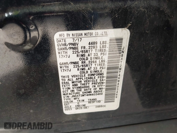 2017 Nissan Rogue SL with VIN JN8AT2MT4HW403469, listed as a IAAI auction lot 42265745 with Not provided miles and . Bid and sale history available at DreamBid. Image 9.