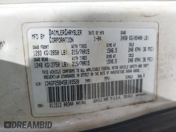 2005 Dodge Caravan SE with VIN 1D4GP25B45B103520, listed as a IAAI auction lot 42612643 with 168,847 mi miles and . Bid and sale history available at DreamBid. Image 9.