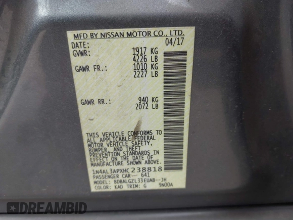 2017 Nissan Altima SV with VIN 1N4AL3APXHC238818, listed as a IAAI auction lot 41702612 with 168,442 mi miles and . Bid and sale history available at DreamBid. Image 9.