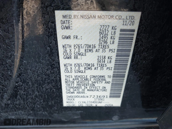 2020 Nissan Frontier SV with VIN 1N6ED0EA6LN723691, listed as a IAAI auction lot 41796243 with 36,504 mi miles and . Bid and sale history available at DreamBid. Image 9.