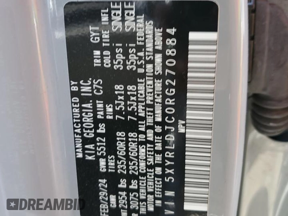2024 Kia Sorento S with VIN 5XYRLDJC0RG270884, listed as a Copart auction lot 60683585 with 25,749 mi miles and Salvage title. Bid and sale history available at DreamBid. Image 14.