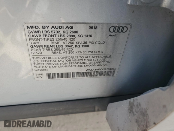 2018 Audi SQ5 Premium Plus with VIN WA1A4AFYXJ2204316, listed as a Copart auction lot 64113574 with 67,919 mi miles and Salvage Title. Bid and sale history available at DreamBid. Image 13.