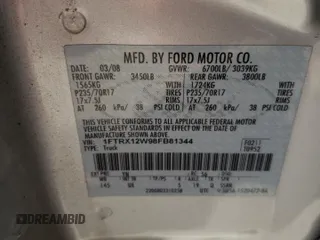 2008 Ford F-150 STX with VIN 1FTRX12W98FB81344, listed as a Copart auction lot 54046085 with 155,459 mi miles and Salvage title. Bid and sale history available at DreamBid. Image 12.