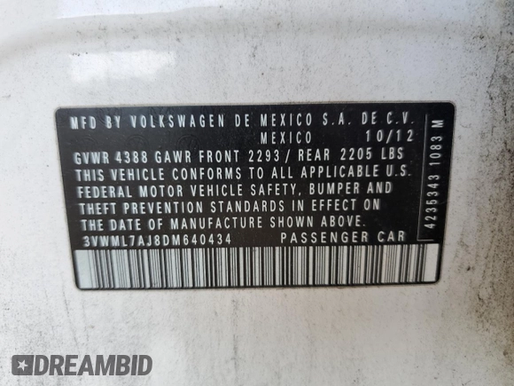 2013 Volkswagen Jetta TDI w/Sunroof & Nav with VIN 3VWML7AJ8DM640434, listed as a Copart auction lot 64828875 with 172,642 mi miles and Salvage title. Bid and sale history available at DreamBid. Image 12.