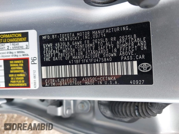 2015 Toyota Camry XLE with VIN 4T1BF1FK1FU475840, listed as a IAAI auction lot 41669607 with 104,881 mi miles. Bid and sale history available at carsss.com. Image 9.