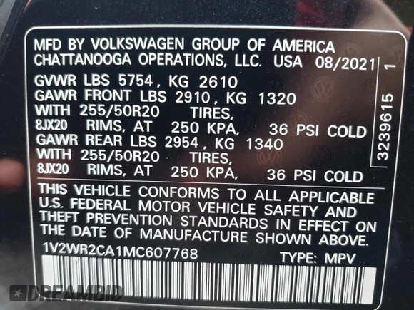 2021 Volkswagen Atlas SE with VIN 1V2WR2CA1MC607768, listed as a IAAI auction lot 42518885 with 49,286 mi miles and . Bid and sale history available at DreamBid. Image 9.