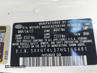 2017 Kia Optima LX with VIN 5XXGT4L37HG166481, listed as a IAAI auction lot 42248792 with 108,319 mi miles and . Bid and sale history available at DreamBid. Image 9.