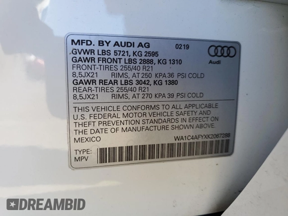 2019 Audi SQ5 Prestige with VIN WA1C4AFYXK2067288, listed as a Copart auction lot 47516904 with 28,911 mi miles and . Bid and sale history available at DreamBid. Image 13.