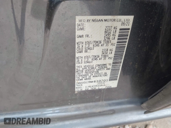 2022 Nissan Frontier SV with VIN 1N6ED1EJ9NN610701, listed as a IAAI auction lot 41951685 with Not provided miles and . Bid and sale history available at DreamBid. Image 9.