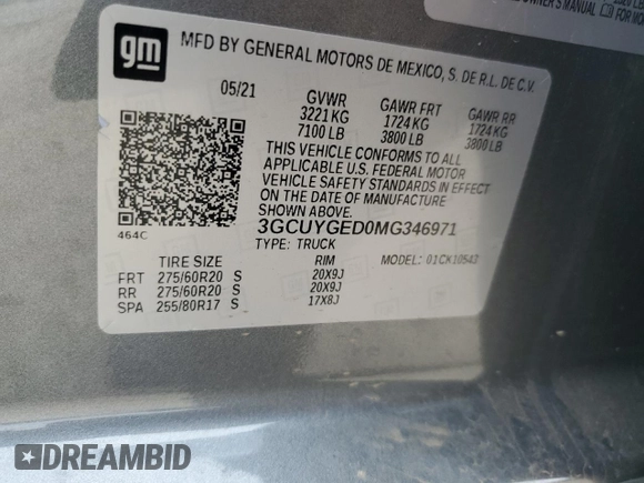 2021 Chevrolet Silverado 1500 LTZ with VIN 3GCUYGED0MG346971, listed as a Copart auction lot 51762875 with Not Provided miles and Salvage Title. Bid and sale history available at DreamBid. Image 12.