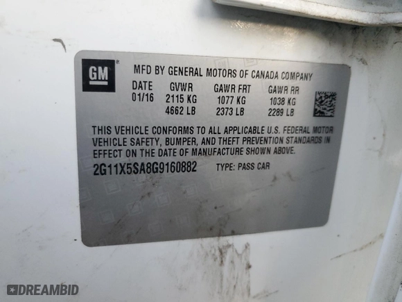 2016 Chevrolet Impala LS with VIN 2G11X5SA8G9160882, listed as a Copart auction lot 84731724 with 0 mi miles and Salvage Title. Bid and sale history available at carsss.com. Image 13.