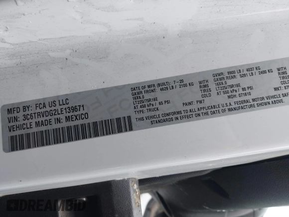 2020 Ram ProMaster Cargo with VIN 3C6TRVDG2LE139671, listed as a IAAI auction lot 41089870 with 64,821 mi miles and . Bid and sale history available at carsss.com. Image 9.