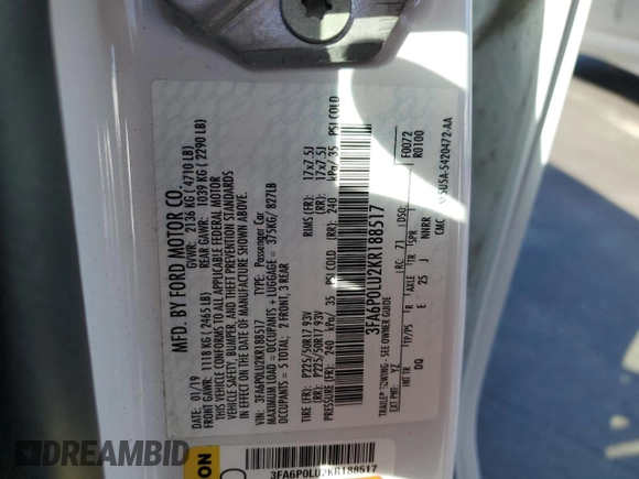 2019 Ford Fusion Hybrid SE with VIN 3FA6P0LU2KR188517, listed as a Copart auction lot 51855195 with Not Provided miles and Salvage Title. Bid and sale history available at carsss.com. Image 12.