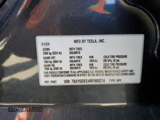 2024 Tesla Model Y Long Range with VIN 7SAYGDEE4RF990274, listed as a Copart auction lot 54239025 with 8,726 mi miles and Salvage title. Bid and sale history available at DreamBid. Image 12.