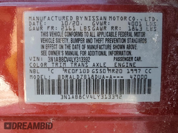 2020 Nissan Sentra SV with VIN 3N1AB8CV4LY313392, listed as a Copart auction lot 44947555 with 29,803 mi miles and Salvage Title. Bid and sale history available at DreamBid. Image 14.