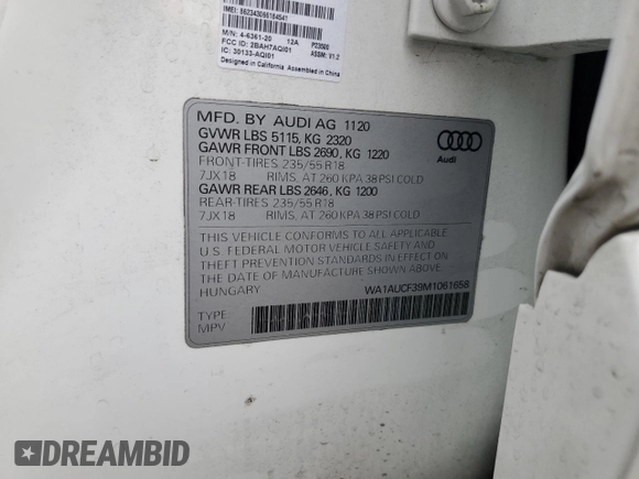 2021 Audi Q3 Premium with VIN WA1AUCF39M1061658, listed as a Copart auction lot 50717875 with 87,363 mi miles and Salvage title. Bid and sale history available at DreamBid. Image 13.
