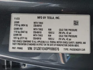 2023 Tesla Model 3 with VIN 5YJ3E1EA0PF698076, listed as a IAAI auction lot 41744362 with 12,838 mi miles. Bid and sale history available at carsss.com. Image 9.