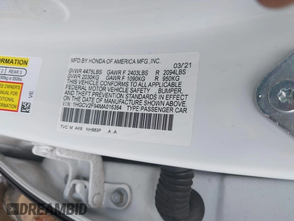 2021 Honda Accord Touring с VIN 1HGCV2F94MA016364, выставлен на аукционе IAAI как лот 42645945 с пробегом 98 534 миль миль и . История ставок и продаж доступна на DreamBid. Изображение 9.