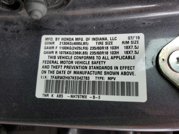 2019 Honda CR-V EX-L with VIN 7FARW2H87KE042783, listed as a Copart auction lot 49853545 with 83,974 mi miles and Salvage Title. Bid and sale history available at carsss.com. Image 15.