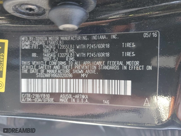 2016 Toyota Highlander LE with VIN 5TDZARFH9GS020096, listed as a Copart auction lot 50500315 with 115,157 mi miles and Clean Title. Bid and sale history available at carsss.com. Image 13.