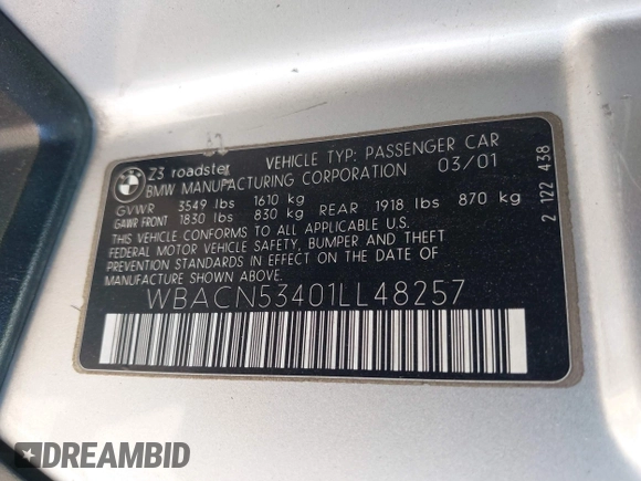 2001 BMW Z3 3.0 с VIN WBACN53401LL48257, выставлен на аукционе IAAI как лот 42386916 с пробегом 161 737 миль миль и . История ставок и продаж доступна на DreamBid. Изображение 9.
