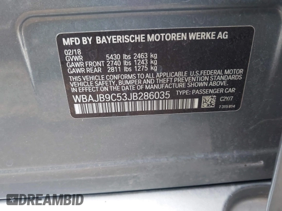 2018 BMW 5 Series M550i xDrive with VIN WBAJB9C53JB286035, listed as a IAAI auction lot 40590380 with 57,072 mi miles and . Bid and sale history available at carsss.com. Image 9.