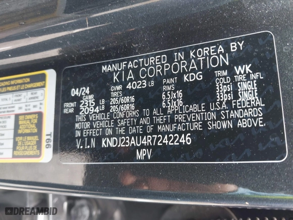 2024 Kia Soul LX with VIN KNDJ23AU4R7242246, listed as a IAAI auction lot 41667185 with 7,259 mi miles. Bid and sale history available at carsss.com. Image 9.