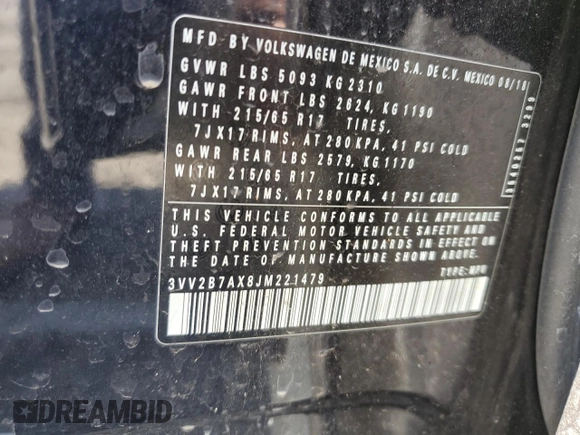 2018 Volkswagen Tiguan SEL с VIN 3VV2B7AX8JM221479, выставлен на аукционе Copart как лот 57660765 с пробегом 65 278 миль миль и Списание • Salvage title. История ставок и продаж доступна на DreamBid. Изображение 12.