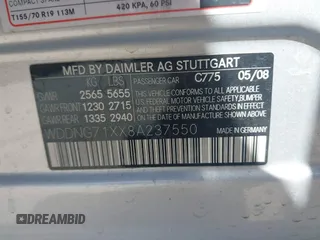 2008 Mercedes-Benz S 550 with VIN WDDNG71XX8A237550, listed as a IAAI auction lot 41682697 with 125,301 mi miles and . Bid and sale history available at DreamBid. Image 9.