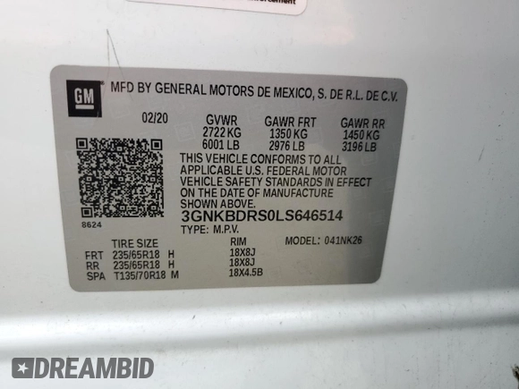 2020 Chevrolet Blazer LT with VIN 3GNKBDRS0LS646514, listed as a Copart auction lot 54405445 with 82,321 mi miles and Salvage title. Bid and sale history available at DreamBid. Image 14.