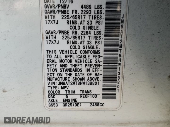 2017 Nissan Rogue SV z VIN JN8AT2MT8HW138801, wystawiony jako Copart lot #58796365 z przebiegiem 152 898 mil mil oraz Szkoda całkowita • Salvage title. Historia ofert i sprzedaży dostępna na DreamBid. Obrazek 12.
