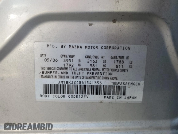 2006 Mazda 3 s with VIN JM1BK324861541353, listed as a Copart auction lot 85734934 with 198,881 mi miles and Salvage Title. Bid and sale history available at DreamBid. Image 12.