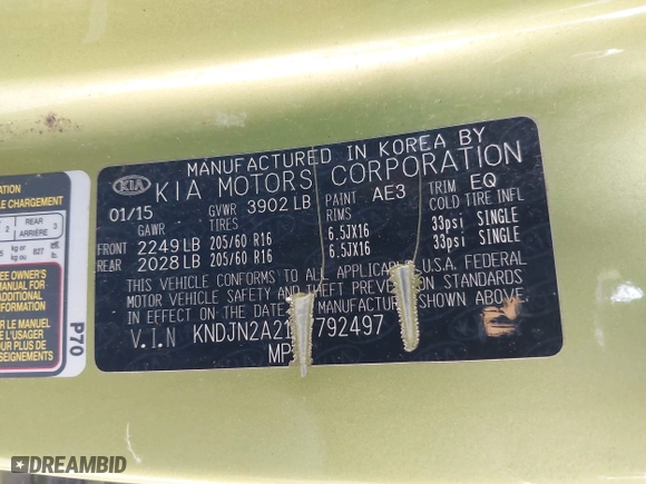 2015 Kia Soul with VIN KNDJN2A21F7792497, listed as a IAAI auction lot 42009828 with 1 mi miles. Bid and sale history available at carsss.com. Image 9.