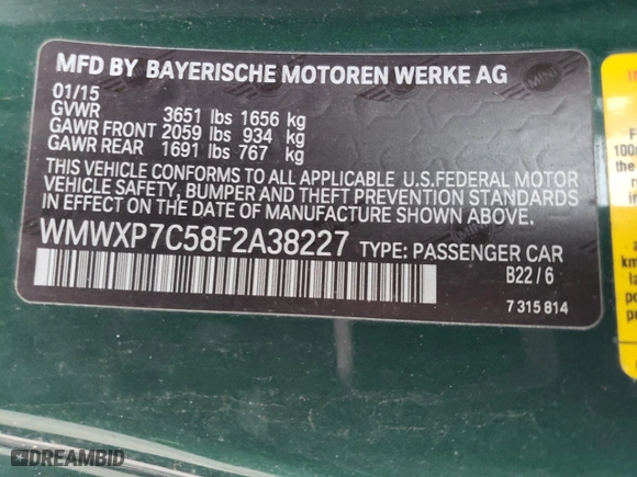 2015 MINI Cooper Hardtop S with VIN WMWXP7C58F2A38227, listed as a Copart auction lot 46132835 with NaN miles and Salvage Title. Bid and sale history available at carsss.com. Image 14.