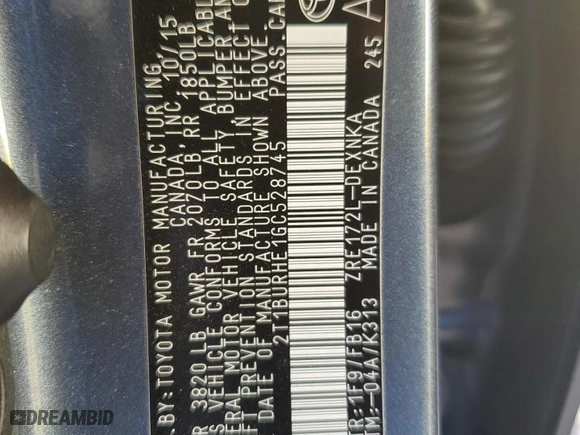 2016 Toyota Corolla L with VIN 2T1BURHE1GC528745, listed as a Copart auction lot 81310414 with 153,539 mi miles and Salvage Title. Bid and sale history available at carsss.com. Image 12.
