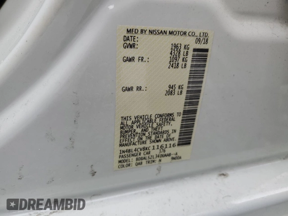 2019 Nissan Altima 2.5 SR with VIN 1N4BL4CV8KC116116, listed as a Copart auction lot 52002575 with 86,375 mi miles and Non Repairable. Bid and sale history available at carsss.com. Image 14.