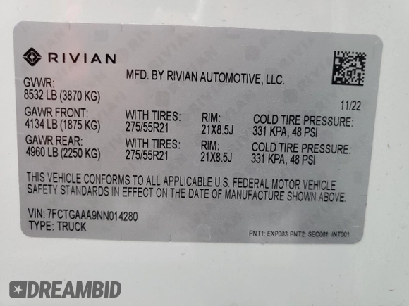 2022 Rivian R1T Adventure z VIN 7FCTGAAA9NN014280, wystawiony jako Copart lot #49723355 z przebiegiem 28 601 mil mil oraz Szkody całkowita. Historia ofert i sprzedaży dostępna na DreamBid. Obrazek 13.