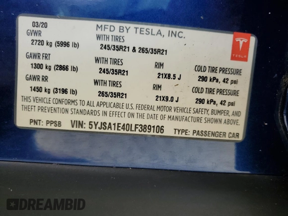 2020 Tesla Model S Performance with VIN 5YJSA1E40LF389106, listed as a Copart auction lot 74157584 with Not provided miles and Salvage title. Bid and sale history available at DreamBid. Image 14.